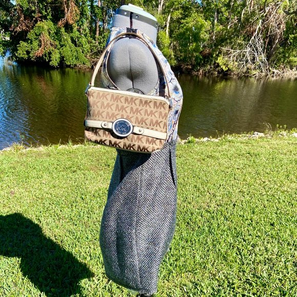 MK Michael Kors Jet Set Signature Logo Jacquard & Leather Demi Shoulder Bag Y2K - Picture 2 of 16